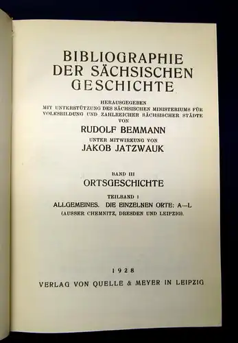 Bemmann Bibliographie der sächsischen Geschichte Reprint 1970 3 in 5 Bde mb