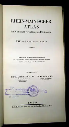 Maull Rhein-Mainsicher Atlas für Wirtschaft, Verwaltung u. Unterricht 1929 js