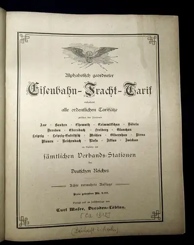 Alphabetisch geordneter Eisenbahn-Fracht-Tarif Aue,BZ,Döbeln,Riesa 1915 js