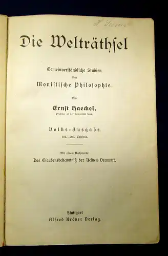 Ernst Haeckel  Die Welträthsel Volksausgabe um 1900 Gesellschaft Kultur mb