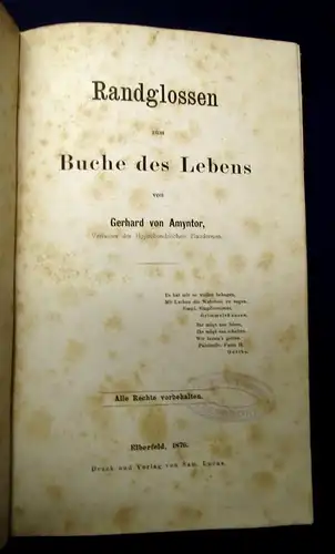 Amyntor Randglossen zum Buche des Lebens 1876 Hypochondrische Plaudereien js