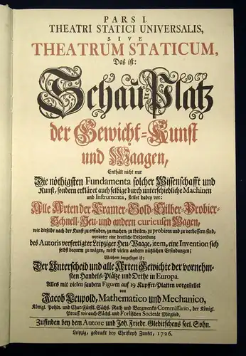 Leupold "Gewicht-Kunst und Waagen" 17126 Reprint Ausgabe Edition 1982 js