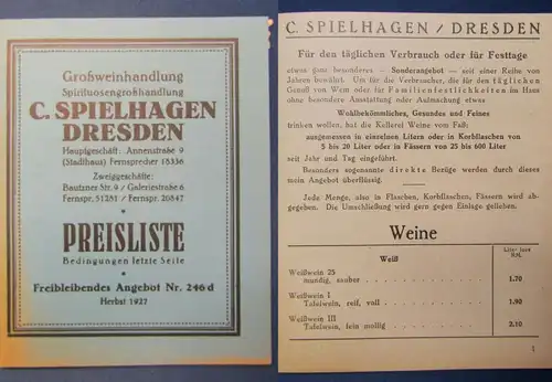 Preisliste Getränke C.Spielhagen Dresden 1927 Weißwein Rotwein Alkohol js