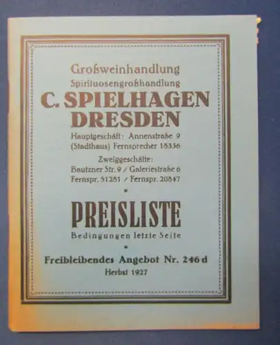 Preisliste Getränke C.Spielhagen Dresden 1927 Weißwein Rotwein Alkohol js