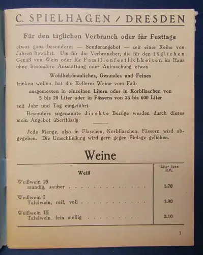 Preisliste Getränke C.Spielhagen Dresden 1927 Weißwein Rotwein Alkohol js