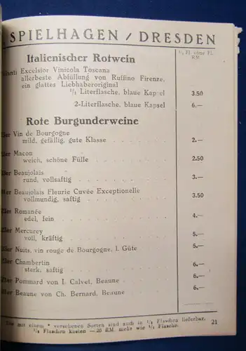 Preisliste Getränke C.Spielhagen Dresden 1927 Weißwein Rotwein Alkohol js