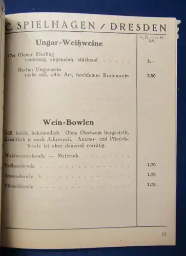 Preisliste Getränke C.Spielhagen Dresden 1927 Weißwein Rotwein Alkohol js