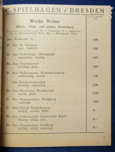 Preisliste Getränke C.Spielhagen Dresden 1927 Weißwein Rotwein Alkohol js