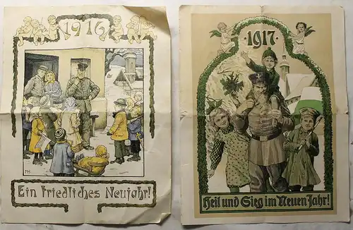 2x Neujahrsgrußblatt Brief 1916 & 1917 farbig illustriert 1. Weltkrieg xz