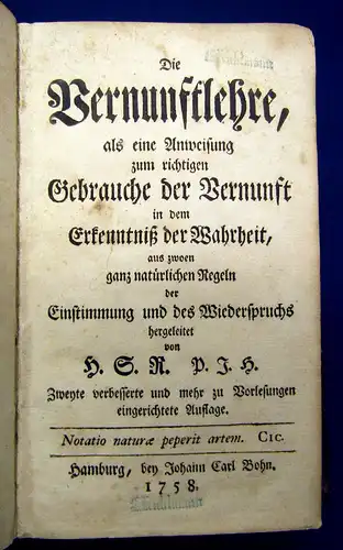 Reimarus Die Vernunftlehre 1758  3 ausfaltbare Tafeln Philosophie mb