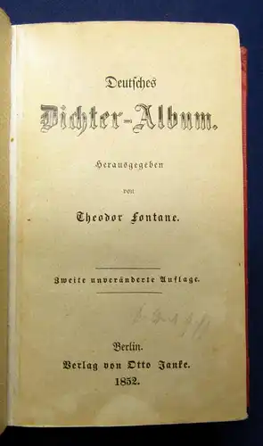 Fontane Theodor Deutsches Dichter- Album 1852 Goldschnitt Belletristik js