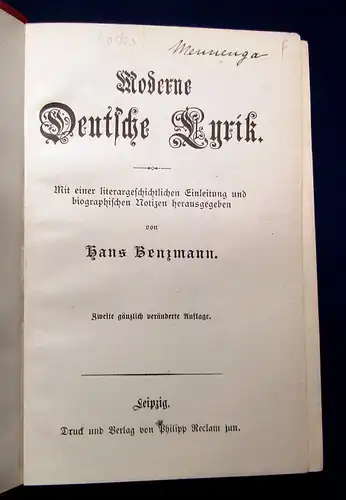 Benzmann Moderne deutsche Lyrik um 1900 Belletristik Lyrika  Klassiker mb