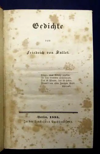 Sallet Gedichte von Sallet 1835 Seltene EA Belletristik Lyrik Lyrika Poesie mb