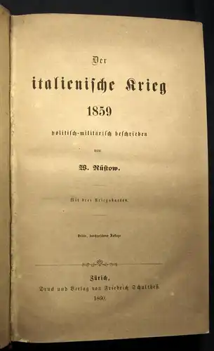 Rüstow Der italienische Krieg 1860 politisch-militärisch 2 Bände 1861  js