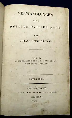 Voss Verwandlungen nach Publius Ovidius Naso 1. Theil 1829 Erzählungen js