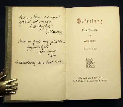 Ritter, Anna  Befreiung Neue Gedichte 1910 Poesie Lyrik Erzählungen js