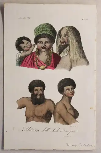 Melanesien Neukaledonien Trachten Kupferstich um 1825 Sasso handkoloriert Grafik