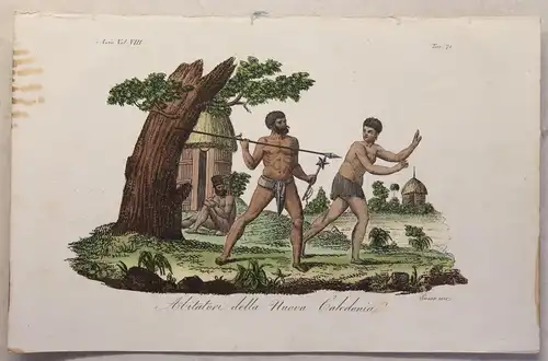 Melanesien Neukaledonien Trachten Kupferstich um 1825 Sasso handkoloriert Grafik