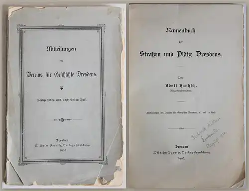 Hanksch -Namenbuch der Straßen und Plätze Dresdens, 17.+18. Heft 1905 Sachsen xz