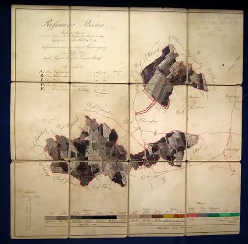 Handkolorierte Karte(fehlen 3 Segmente) Rossauer Revier 1817 sehr selten js