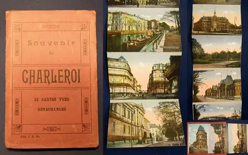 Souvenir de Chaleroi 12 Cartes Vues Detachables um 1920 koloriert Georgraphie js
