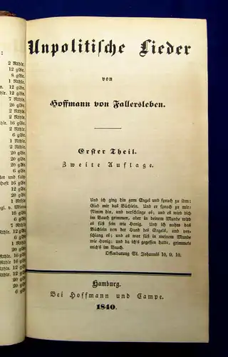 Hoffmann, Campe Unpolitische Lieder 2 Teile in 1 Band  1840/41 EA Belletristik m