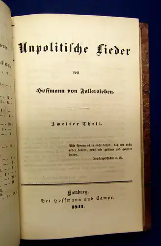 Hoffmann, Campe Unpolitische Lieder 2 Teile in 1 Band  1840/41 EA Belletristik m