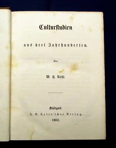 Riehl Culturstudien aus drei Jahrhunderten 1862 Geschichte Gesellschaft mb