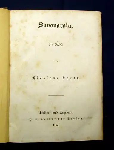 Lenau Die Albigenser/ Savonarole Freie Dichtungen  1859 2 Bde Belletristik mb