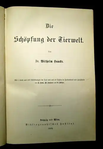 Haacke Die Schöpfung der Tierwelt 1893 1 Karte 469 Abb. im Text u. auf 20 Taf mb