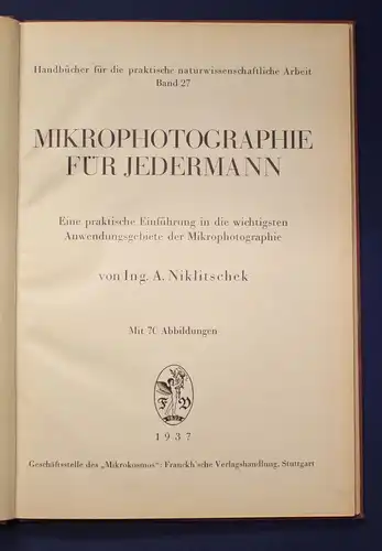 Niklitscheck Mikrophotographie für Jedermann, Mit 70 Abbildungen Anwendung js