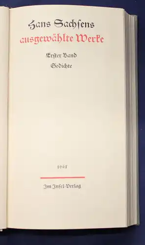 Hans Sachsens ausgewählte Werke 1961 Gedichte und Dramen Belletristik Lyrik js