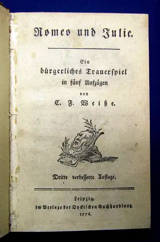 Weiße Romeo und Julia Ein Bürgerliches Trauerspiel in fünf Aufzügen 1776 selten