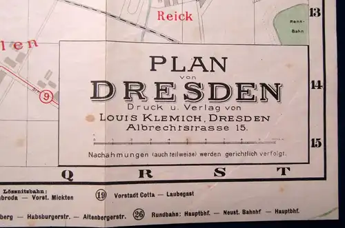 Klemmich Plan von Dresden  koloriert Ortskunde Führer 65x25 cm 1910 js