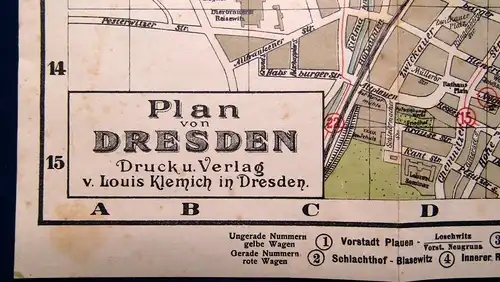 Klemmich Plan von Dresden  koloriert Ortskunde Führer 65x25 cm um 1910 js