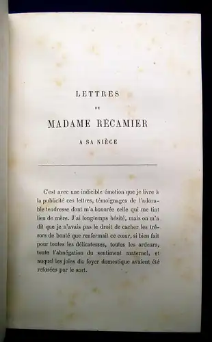 Madame Recamier LES AMIS DE SA JEUNESSE ET SA CORRESPONDANCE INTIME 1872 MB