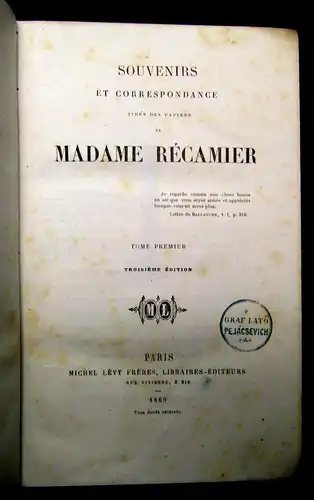 Souvenirs et Correspondance tires des Papiers de Madame Recamier  1860 MB