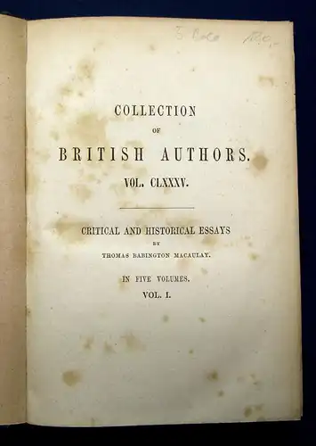 Macaulay Critical and Historical Essays 1850 5 Bände komplett mb