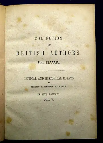 Macaulay Critical and Historical Essays 1850 5 Bände komplett mb