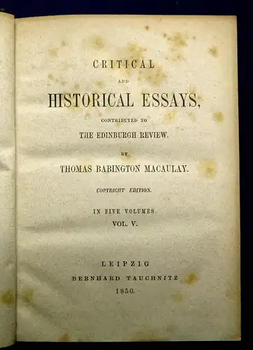 Macaulay Critical and Historical Essays 1850 5 Bände komplett mb