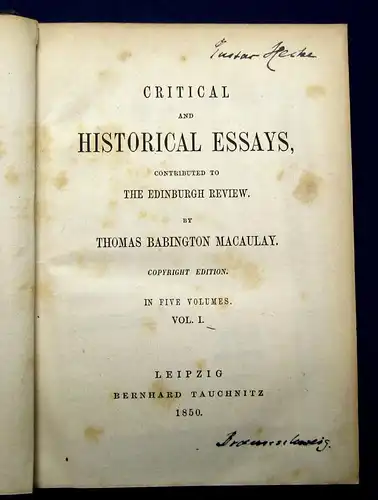 Macaulay Critical and Historical Essays 1850 5 Bände komplett mb