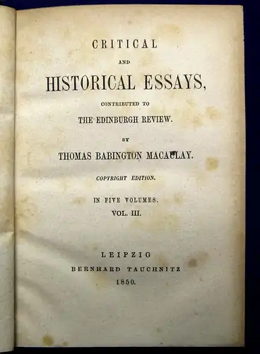 Macaulay Critical and Historical Essays 1850 5 Bände komplett mb