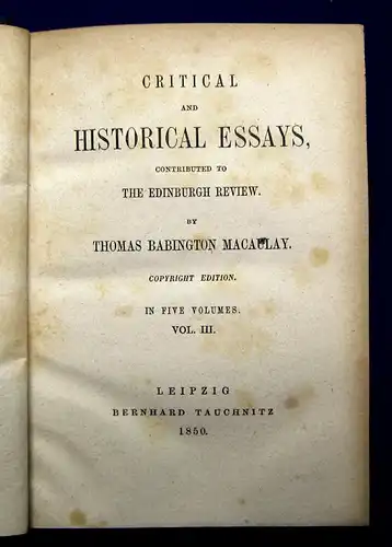 Macaulay Critical and Historical Essays 1850 5 Bände komplett mb