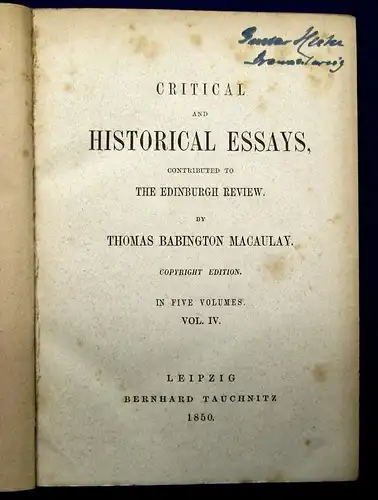 Macaulay Critical and Historical Essays 1850 5 Bände komplett mb