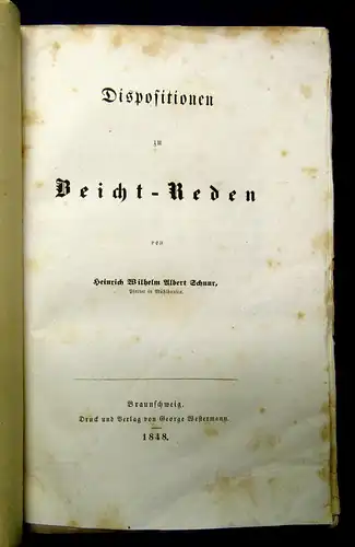 Schuur Dispositionen zu Beicht-Reden 1848 Selten Theologie Geschichte mb