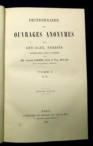 Barbiere Dictionnaire des Ouvrages Anonymes 1-4 komplett A-Z 1882 Halbleder js