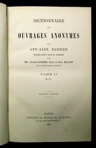 Barbiere Dictionnaire des Ouvrages Anonymes 1-4 komplett A-Z 1882 Halbleder js