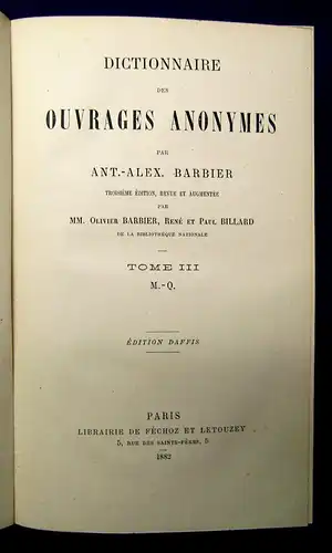 Barbiere Dictionnaire des Ouvrages Anonymes 1-4 komplett A-Z 1882 Halbleder js