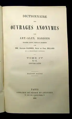 Barbiere Dictionnaire des Ouvrages Anonymes 1-4 komplett A-Z 1882 Halbleder js