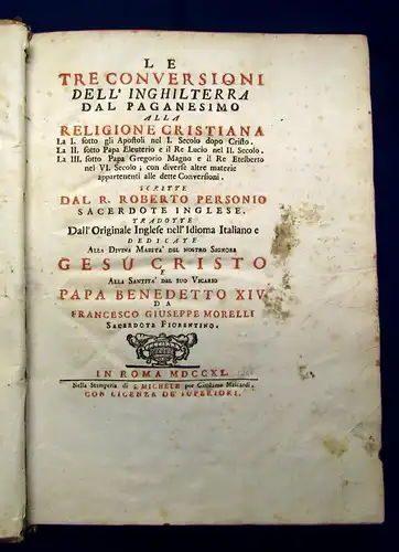 Le tre conversioni dell`Inghilterra dal paganesimo alla religione cristiana 1740